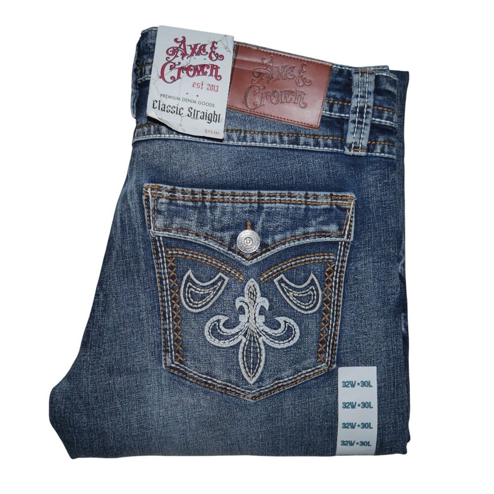 Axe and Crown Mens Embroidered Jeans Actual Size 34x30 Tag 32x30 BKE NWT